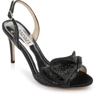 Badgley Mischka Rennie Heeled Sandal Black Satin Crystal Ruffle Slingback 6.5